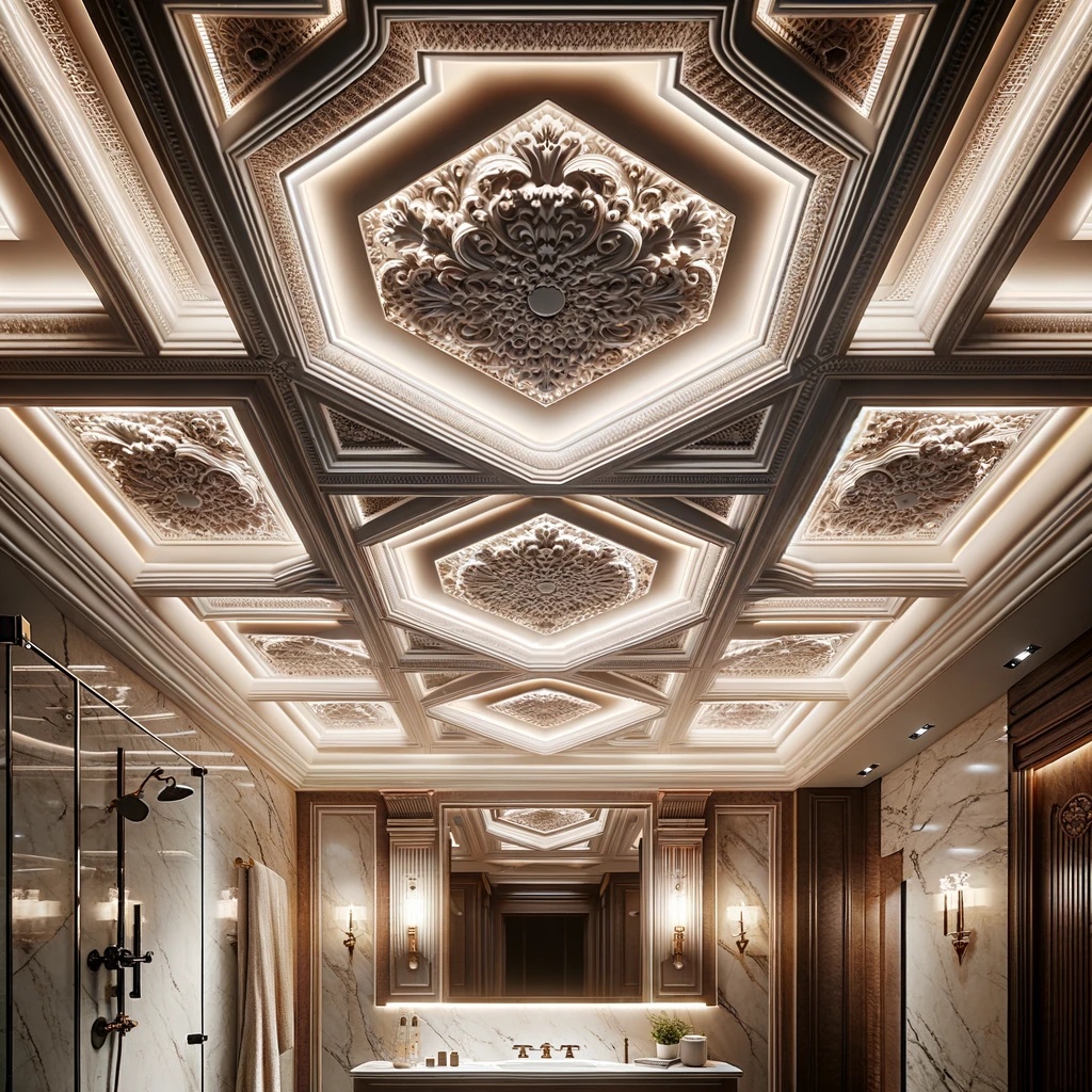 an image of a luxury bathroom ceiling, featuring an elaborate coffered design with intricate detailing and recessed LED lighting