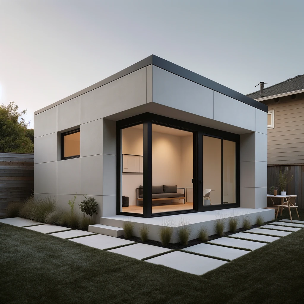 minimalist detached ADU (Accessory Dwelling Unit) in a backyard setting